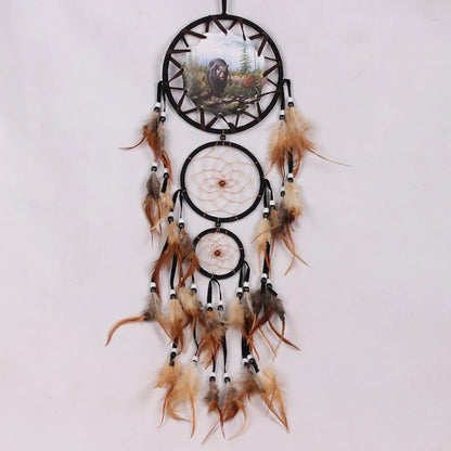 Wolf Head Oil Painting Dream Catcher - Feather Wall Decor for Home, Perfect Festival Wall Art Décor with Natural Pendant Design